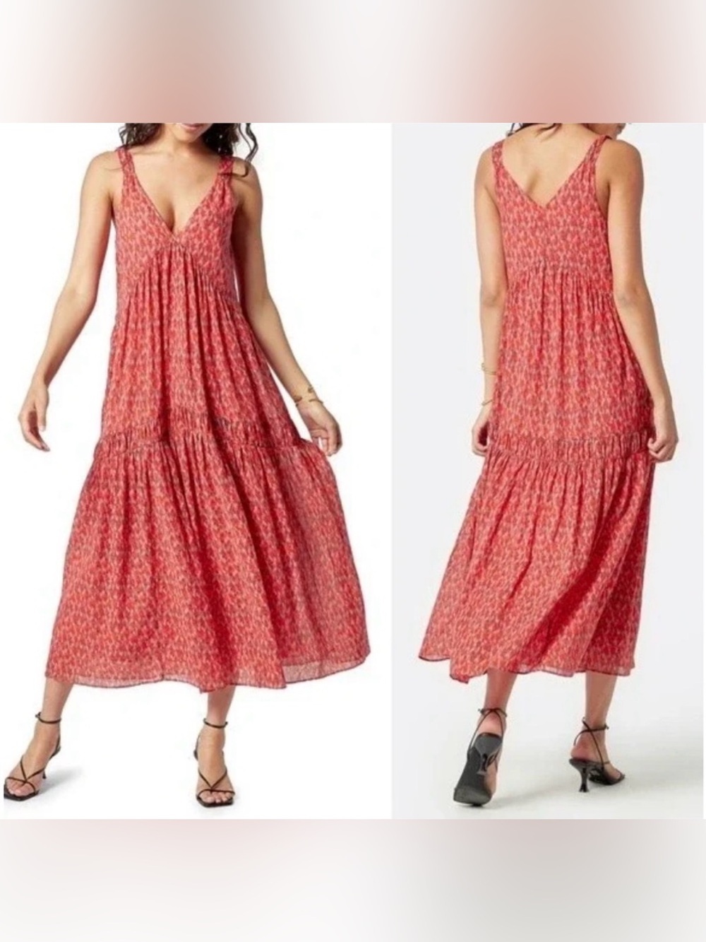 Joie Bondi rust & pnk geo prnt ruffle tier spag strp lined maxi drss WM L boho